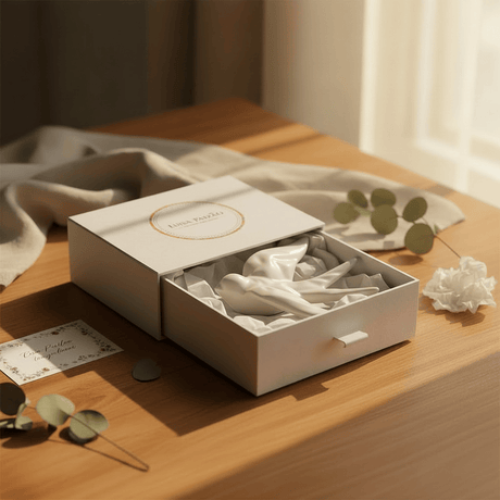 hirondelle en céramique stylisée et modernisée blanc mat, dans sa boîte cadeau Luisa Paixão.  Coffret hirondelle stylisée - Blanc mat