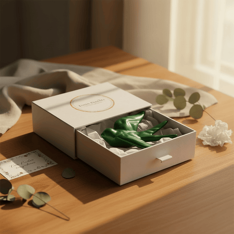 hirondelle en céramique stylisée et modernisée vert brillant dans sa boîte cadeau Luisa Paixão.  Coffret hirondelle stylisée - Vert