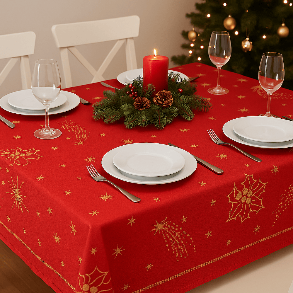 Nappe rouge Festive Argentée – Élégance Portugaise & Entretien Facile Nappe en coton "Festas" - Rouge
