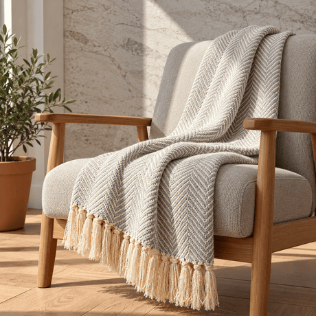 Plaid en coton Gris clair motifs chevrons I Artisanat du Portugal en ligne Plaid en coton "Chevrons" - Gris clair