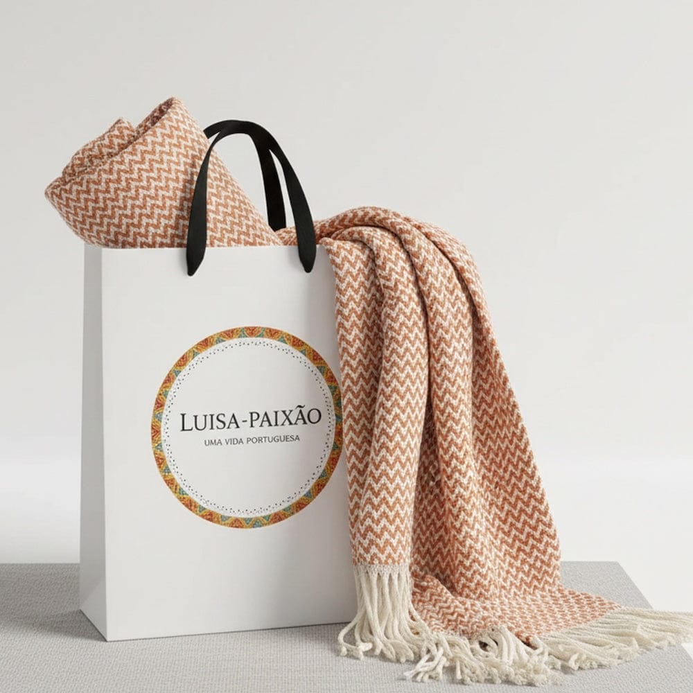 Plaid en coton Terracotta pâle motifs vagues I Artisanat du Portugal en ligne Plaid en coton "Ondas" - Terracotta