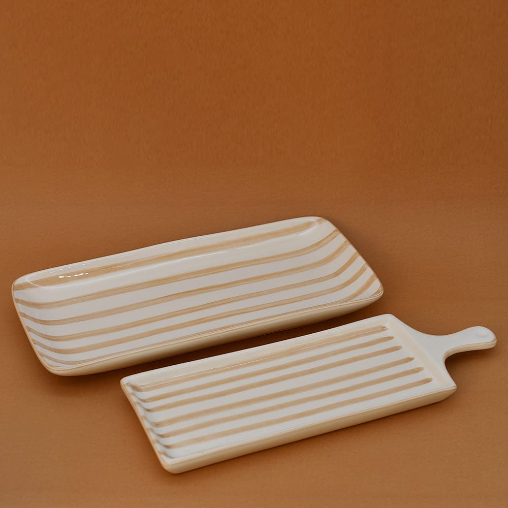 Plateau rectangulaire en céramique moka et blanc Plateau rayé "Costa Nova Mar" - Moka