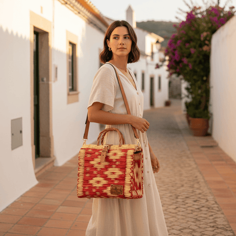 Sac cabas en jonc rouge - Sac artisanal portugais Sac cabas en jonc 26cm - Rouge & naturel