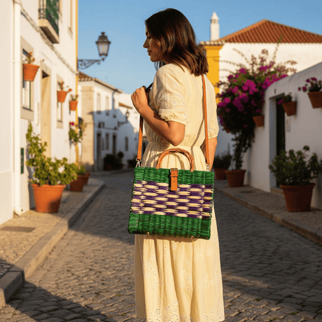 Sac cabas en jonc vert & violet 26cm - Mode portugaise Sac cabas en jonc 26cm - Vert & violet