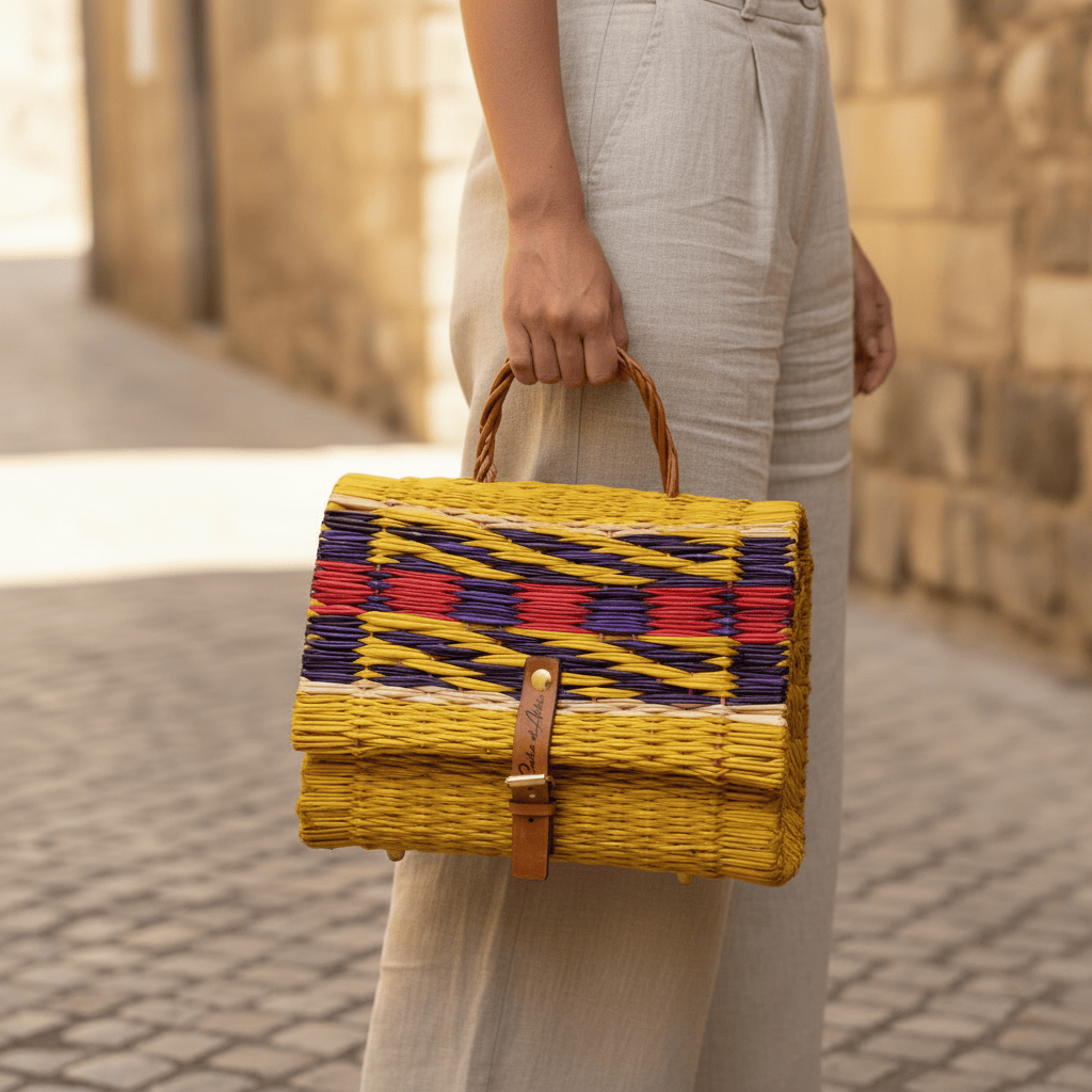 Sac cartable en jonc I Jaune & multicolore I Produit du Portugal Sac cartable en jonc 25cm - Jaune & multicolore