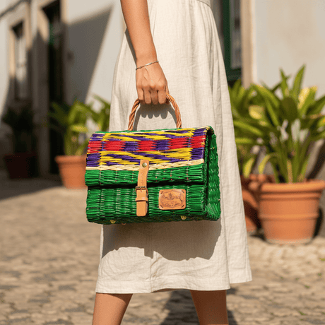 Sac cartable en jonc Vert 25cm I Produit du Portugal Sac cartable en jonc 25cm - Vert & multicolore