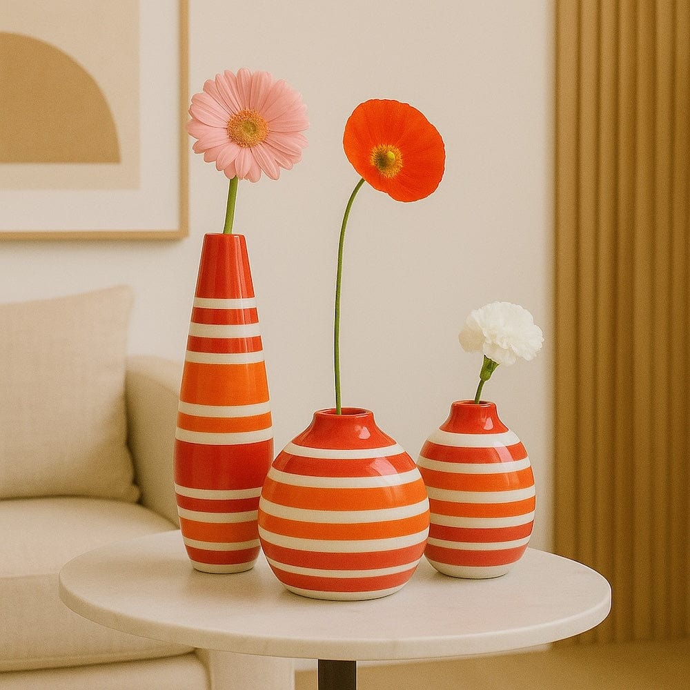 Soliflore boule rouge orange et blanc I Vases en céramique du Portugal Vase boule rayé - Rouge