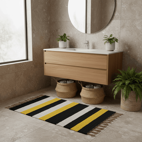 Tapis rayé jaune noir blanc I Tapis artisanal portugais Tapis Artisanal rayé - Noir. jaune. beige