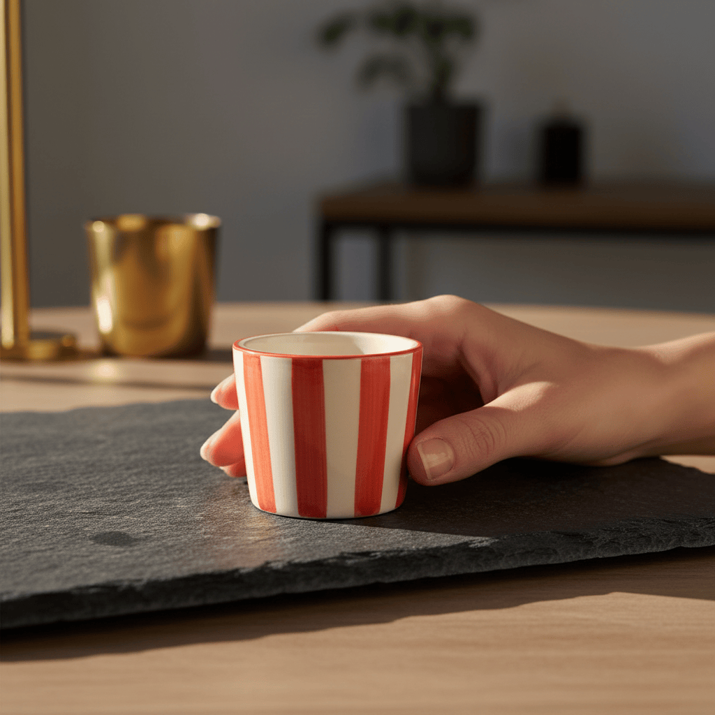 Tasse espresso Costa Nova artisanale rouge peinte main Tasse à espresso rayée "Costa Nova Mar" - Rouge