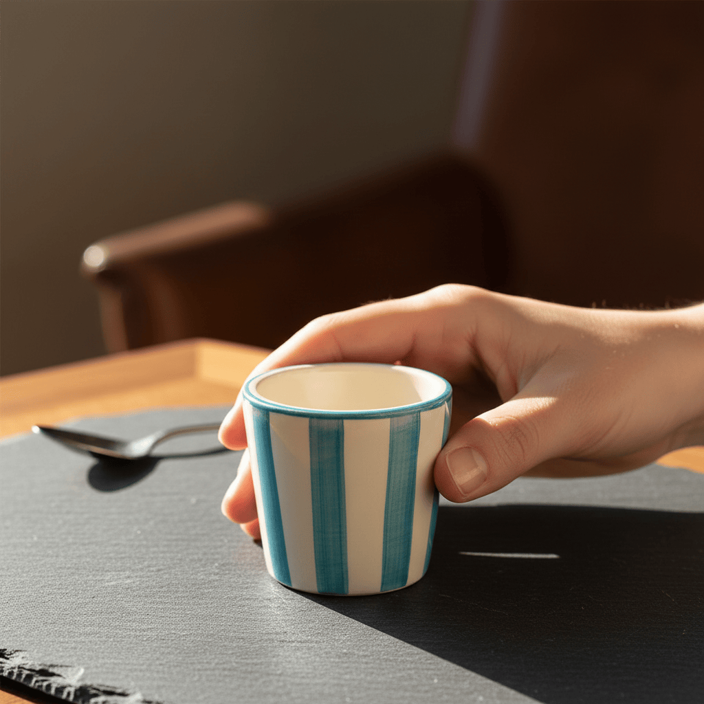 Tasse espresso Costa Nova artisanale turquoise peinte main Tasse à espresso rayée "Costa Nova Mar" - Turquoise