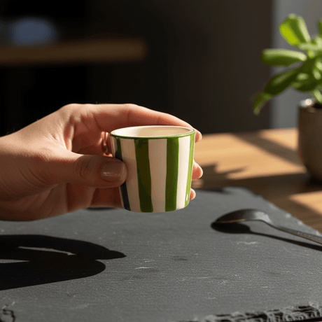 Tasse espresso Costa Nova artisanale verte peinte main Tasse à espresso rayée "Costa Nova Mar" - Vert