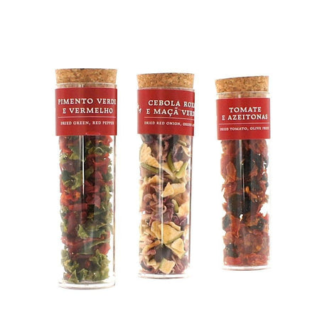 Tubes of dehydrated Tomatoes, Onions and Peppers