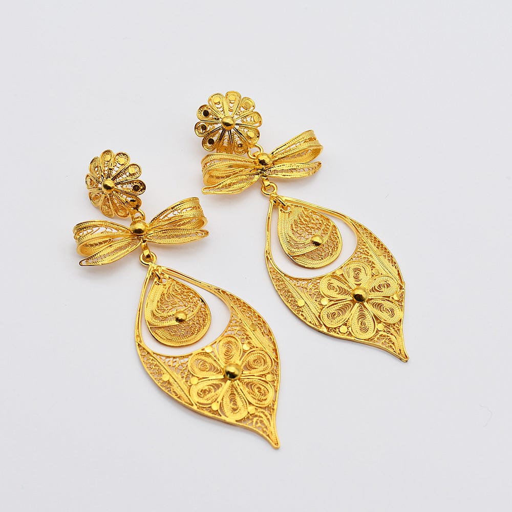 Boucles d'oreille en filigrane d'argent doré I Vente de bijoux argent Brincos À Princesa I Boucles d'oreille en argent doré - 8,5cm