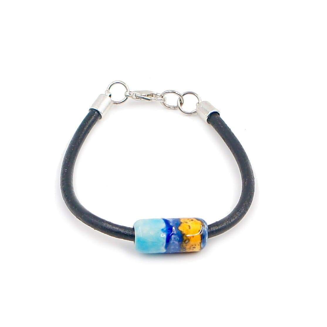 Ceramic bracelet on leather: Turqoise-blue, blue and yellow