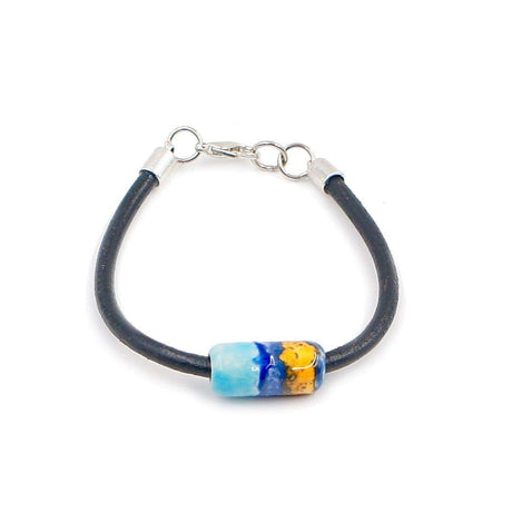 Ceramic bracelet on leather: Turqoise-blue, blue and yellow