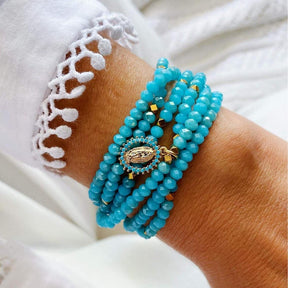 Bracelet en liège I Médaillon rose Azulejos I Bijoux portugais Bracelet perles de verre turquoise