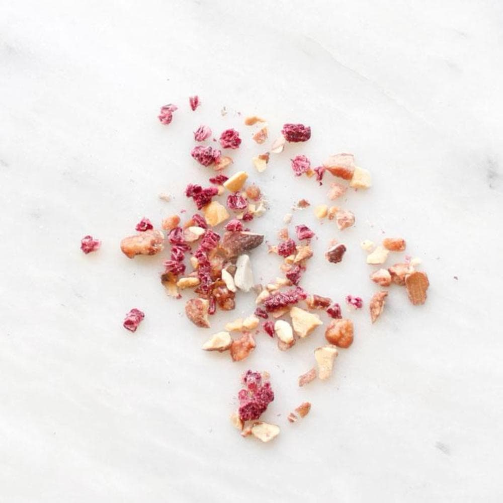 Tube of dehydrated Raspberries and Caramelized Almonds