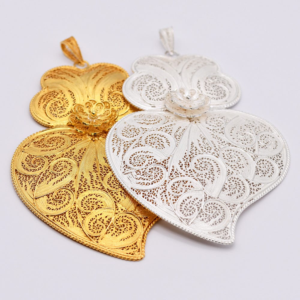 Pendentif Coeur de Viana en argent doré 11 cm I Vente bijoux argent Coração de Viana I Pendentif en argent - 11 cm