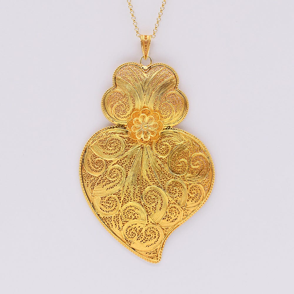 Pendentif Coeur de Viana en argent doré 11 cm I Vente bijoux argent Coração de Viana I Pendentif en argent doré - 11 cm