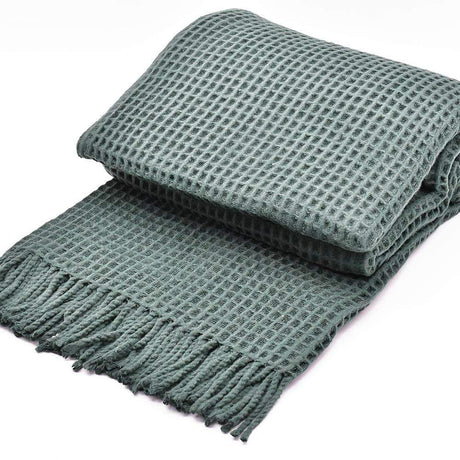 Plaid à franges en coton gaufré Vert foncé Plaid à franges en coton gaufré 200x140 - Vert foncé