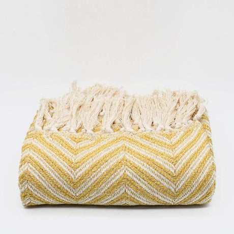 Plaid à franges en coton motifs chevrons jaune paille Plaid "chevrons" à franges en coton 200X135 - Jaune paille
