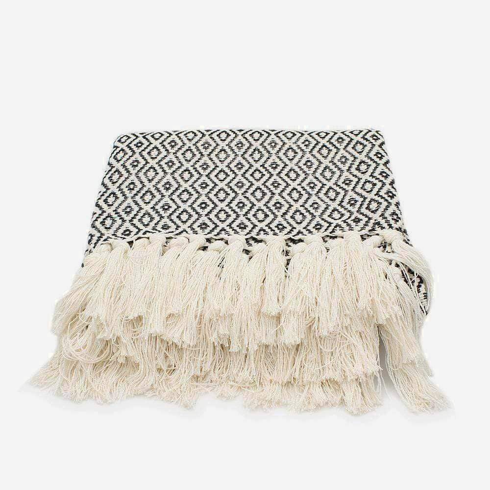 Losango I Cotton Fringed Blanket 200x135 - Black