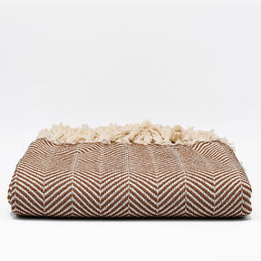 Plaid en coton bleu motifs chevrons I Artisanat du Portugal en ligne Plaid à franges en coton "Chevrons" 200x135 - Camel