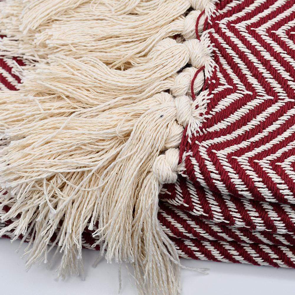 Herringbone I Cotton Fringed Blanket - Dark red