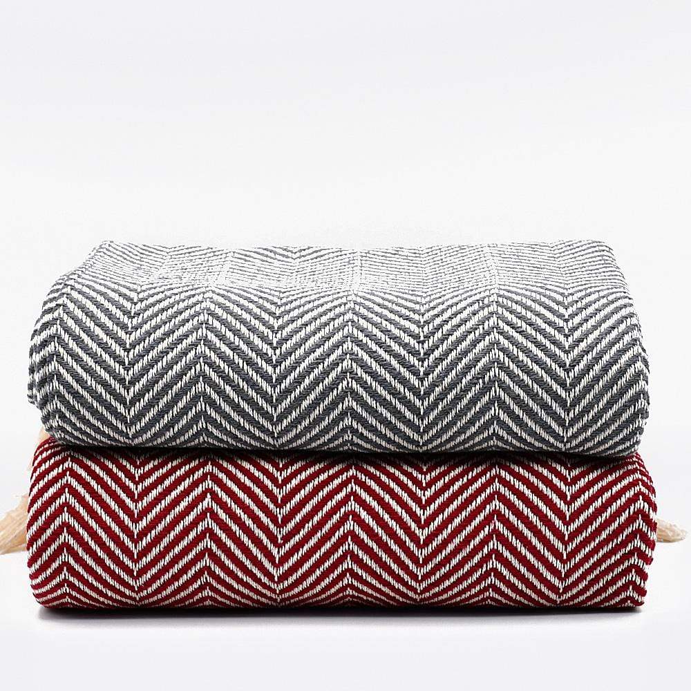 Herringbone I Cotton Fringed Blanket - Dark red