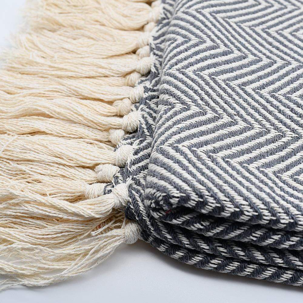 Herringbone I Cotton Fringed Blanket - Dark red