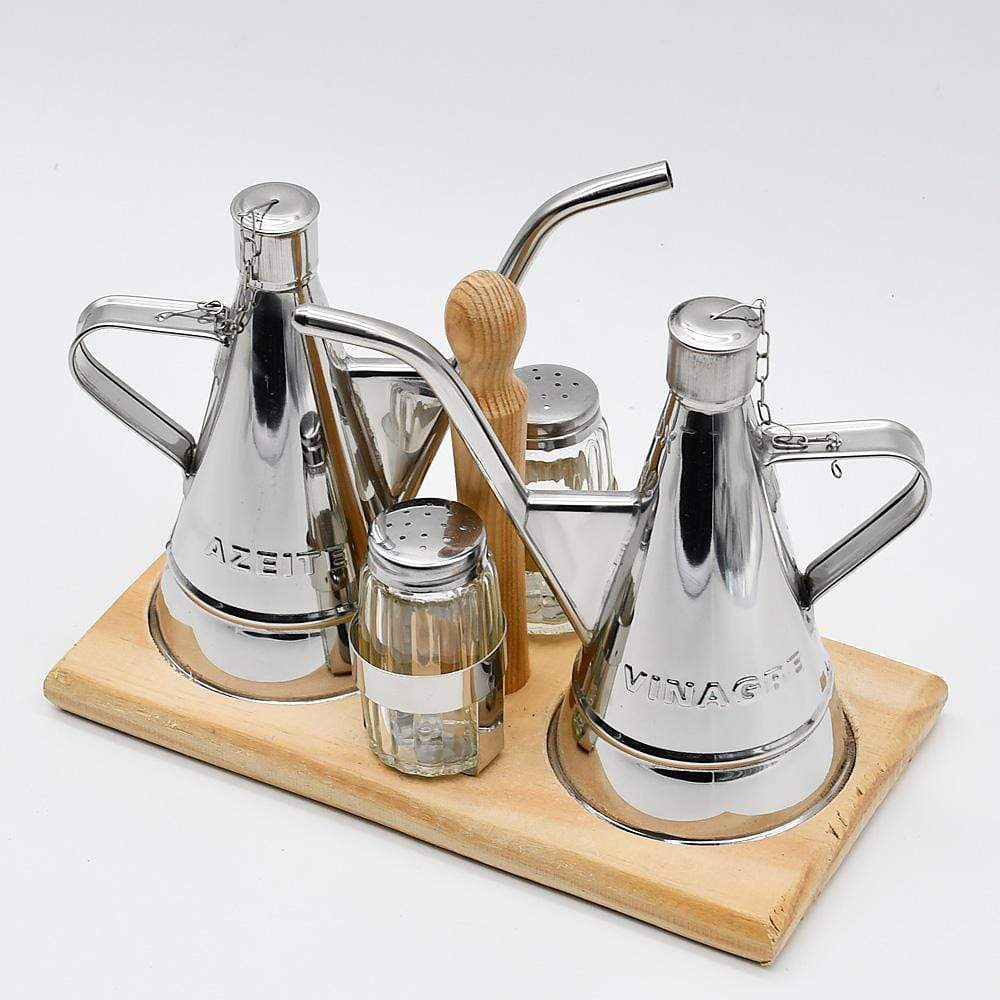 Présentoir à huile, vinaigre, sel et poivre en inox