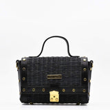 Sac à main en cuir et jonc noir I Tendance portugaise Sac en cuir et jonc 24cm - Noir