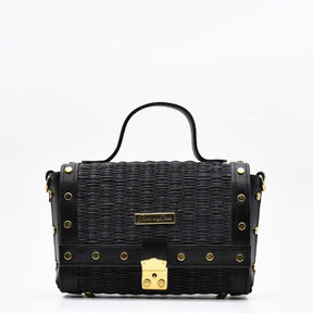 Sac à main en cuir et jonc noir I Tendance portugaise Sac en cuir et jonc 24cm - Noir