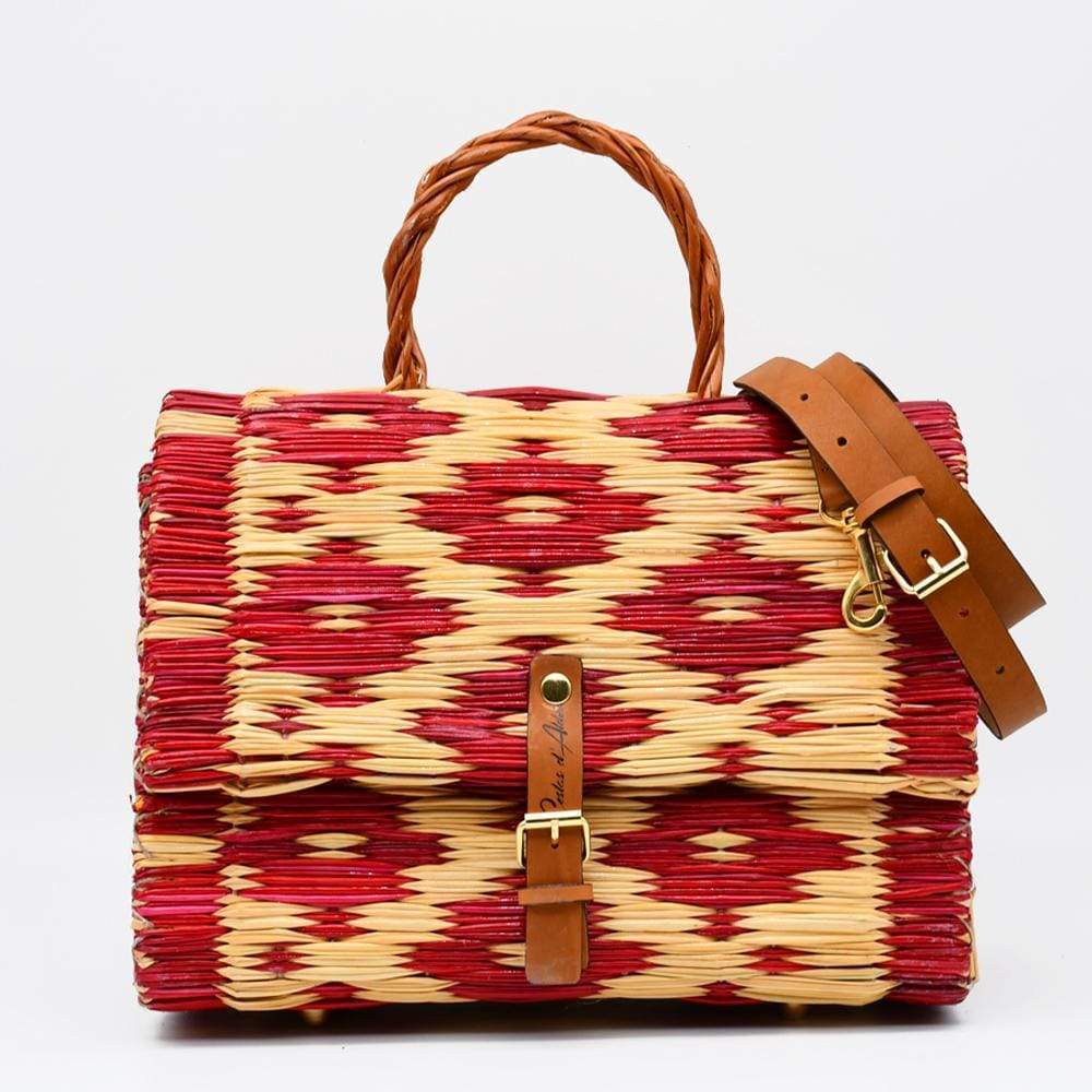 Reed Satchel Bag - 30cm - Dark red & natural