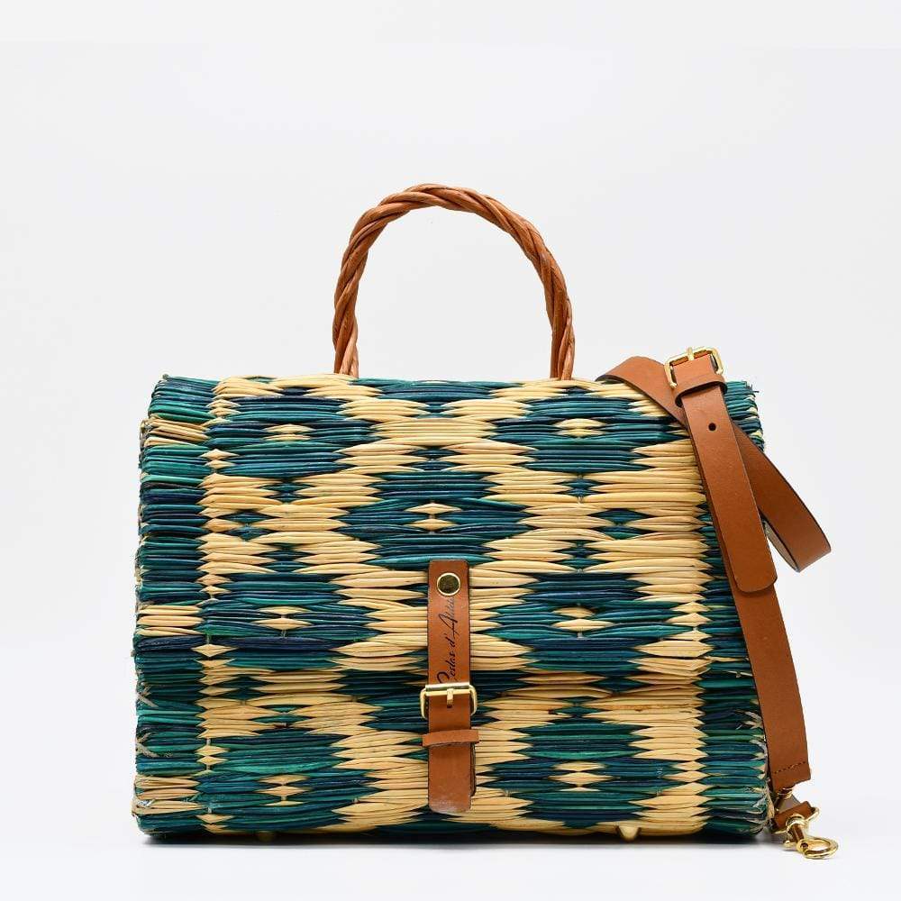 Reed Shopping bag - 25cm - Turquoise & natural
