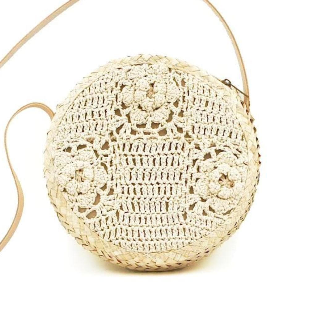 Round bag in woven straw and crochet - 25 cm