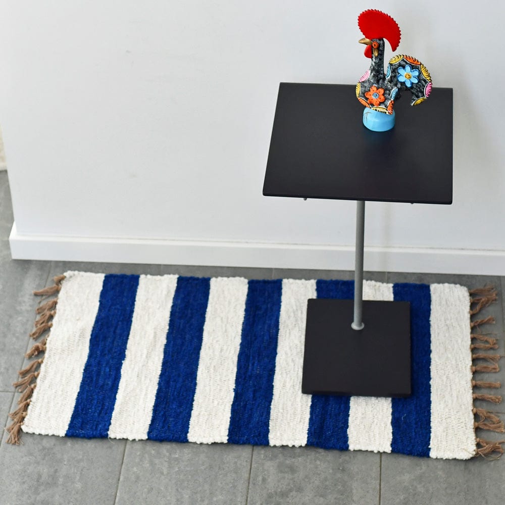 Tapis artisanal gris clair I Tapis artisanal portugais Tapis artisanal rayé - Bleu, blanc