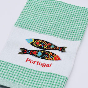 Torchon de cuisine beige brodé I Motifs portugais Torchon de cuisine beige brodé Vert